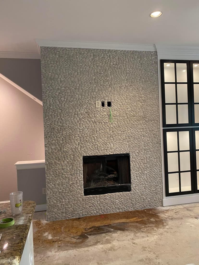 Stone accent fireplace wall
